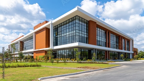 Modern brick architecture design with glass facade and expansive