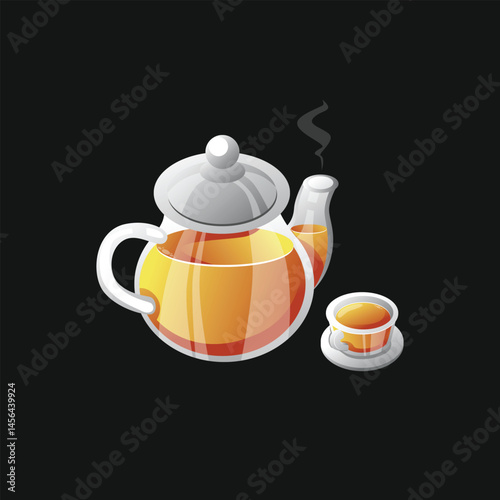 Cup of tea and teapot vector set isolated on black background, tea kettle with hot steam, cup and herbs. tea icon