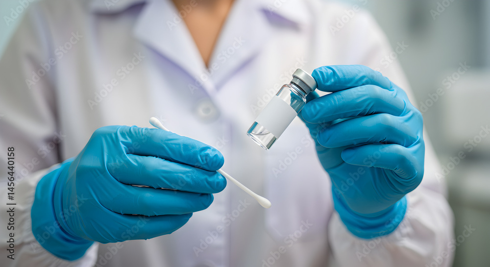 Close Up of Vial and Swab Held by Medical Professional in Blue Gloves and White Lab Coat for Medical Test Close Up of Vial and Swab Held by Medical Professional in Blue Gloves and White Lab Coat for Medical Test