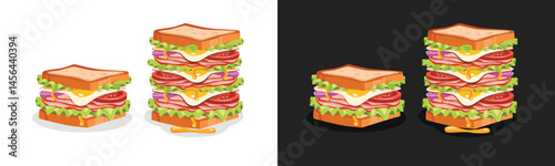 Set of Sandwich Food Cartoon Vector Icon, breakfast illustration, Baguette sandwich, burger,  Food Object Icon Concept Isolated Vector. Flat design Style.