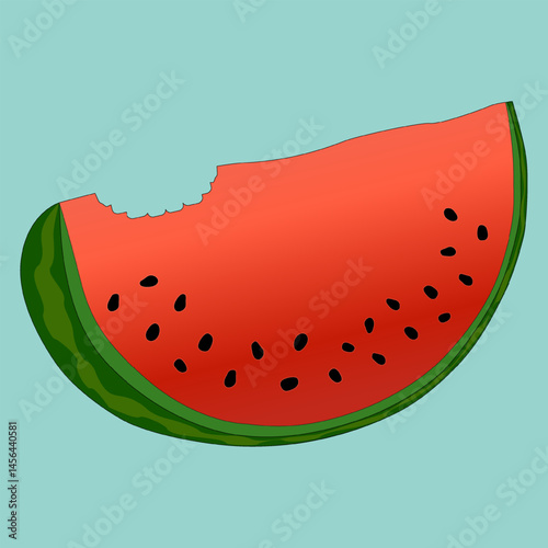 Refreshing vector illustration of cut off watermelon slice with bitten off piece on blue background. Appetizing juicy summer berry with black seeds and teeth trace from a bite in vibrant colors.