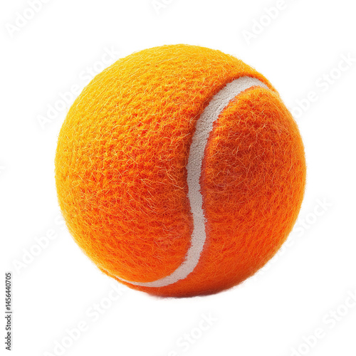 A single orange tennis ball isolated against a clean white background. The ball is brand new and ready for a game. The bright orange color pops against the stark white background.