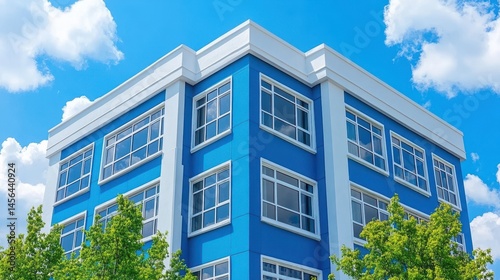 Contemporary blue office building exterior under bright skies a 