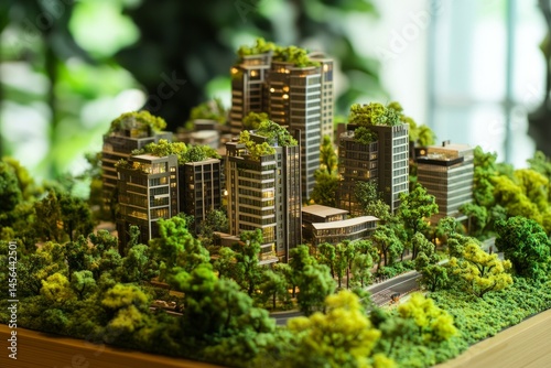 Architectural model of a modern eco-friendly urban development with green rooftops and abundant trees, representing sustainability and smart city design