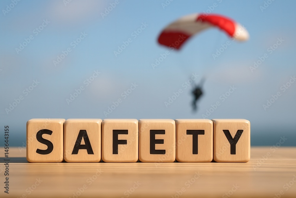 Safety concept with wooden cubes and parachutist landing safely