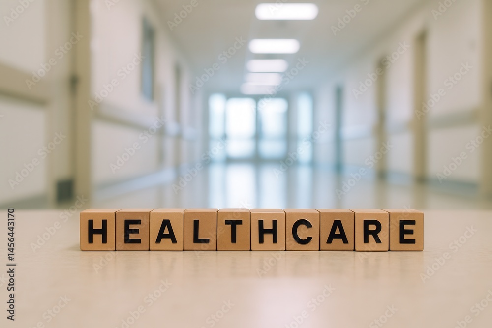 Healthcare word spelled on wooden blocks in hospital corridor