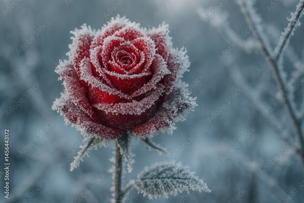 Frozen red rose blooming in winter wonderland