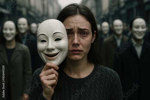 Sad woman holding smiling mask, metaphor for hidden emotions and depression photo