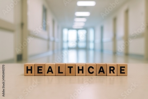 Obraz na płótnie Healthcare word spelled on wooden blocks in hospital corridor w salonie