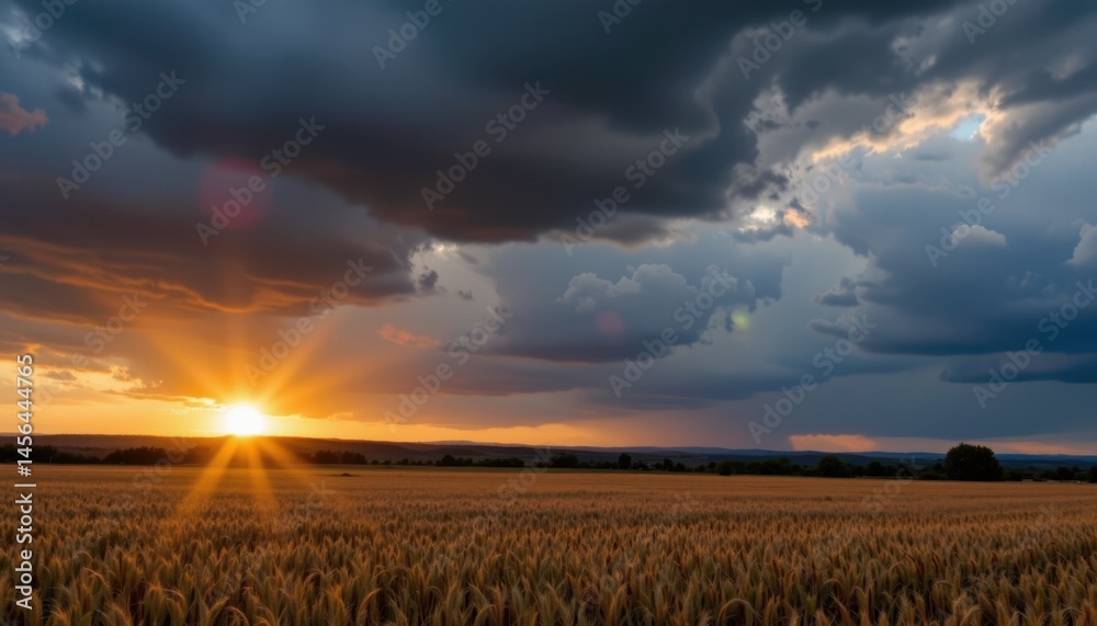Obraz premium Dramatic sunset over wheat field rural landscape nature photography tranquil environment wide-angle view
