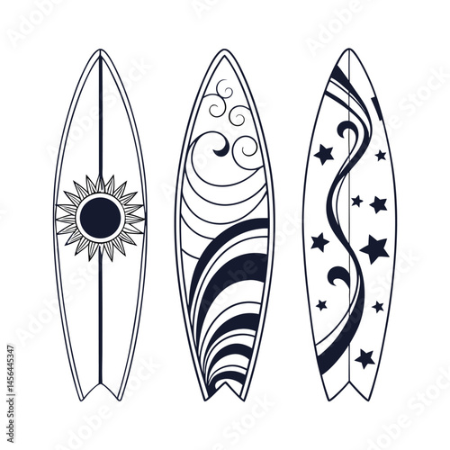 Vector illustration of a set of surf boards, Summer collection,  vector illustration monochrome design. 