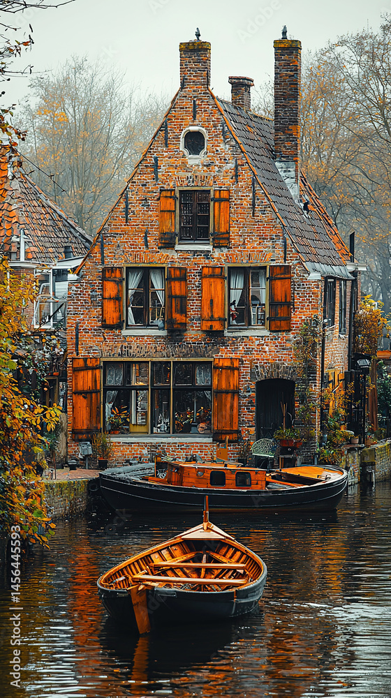 Fototapeta premium An old brick house on a canal with boats, captured in the warm hues of an autumn day.