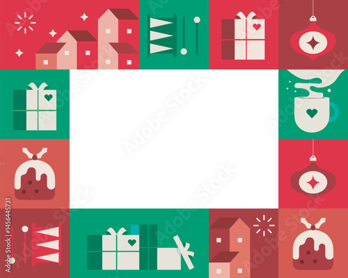 Retro Christmas icons in red, green, and beige, vector set. Geometric Christmas flat illustration set with space for text. Cute holiday and Christmas icons, including festive vector elements. 