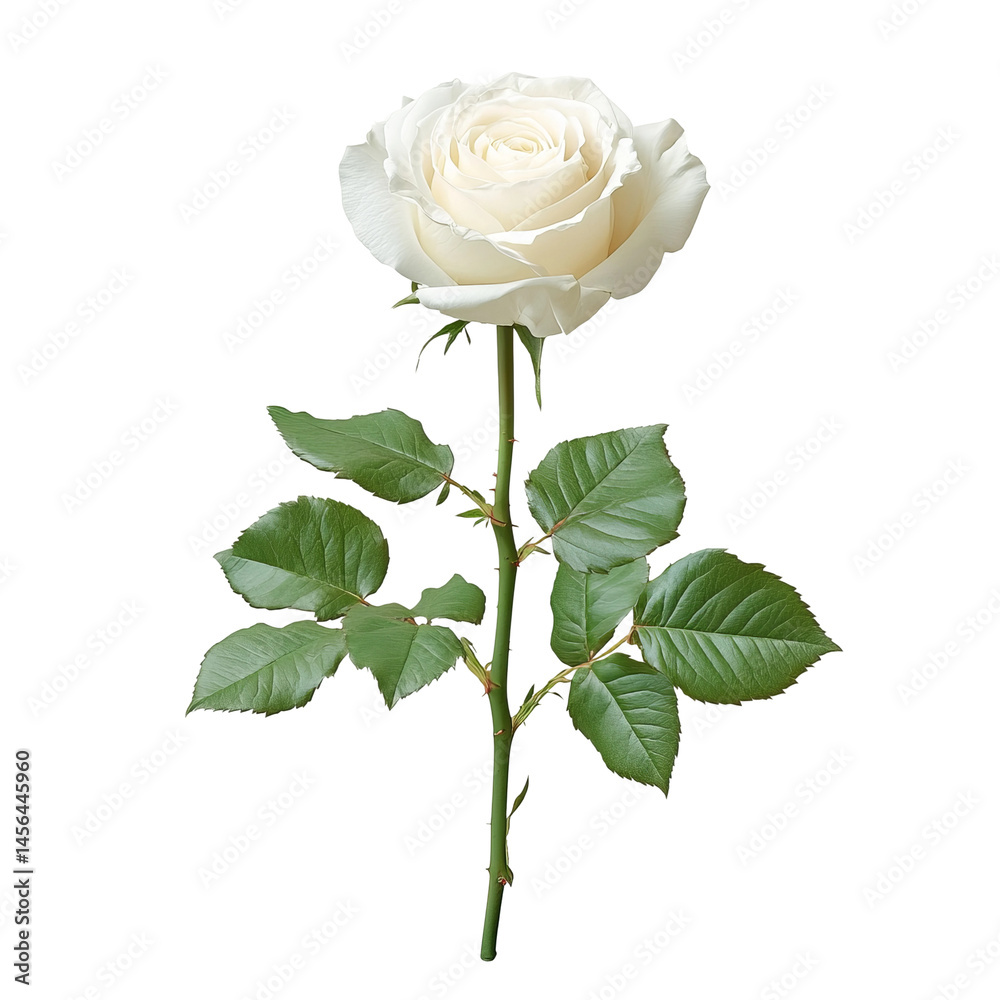 Obraz premium A delicate white rose with green leaves, symbolizing purity and new beginnings. The rose is captured in perfect focus, highlighting its beauty and grace