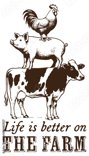 The hen, the pig and the cow stand on their backs one after the other. Funny Cow Pig Hen. Life is better on the farm.