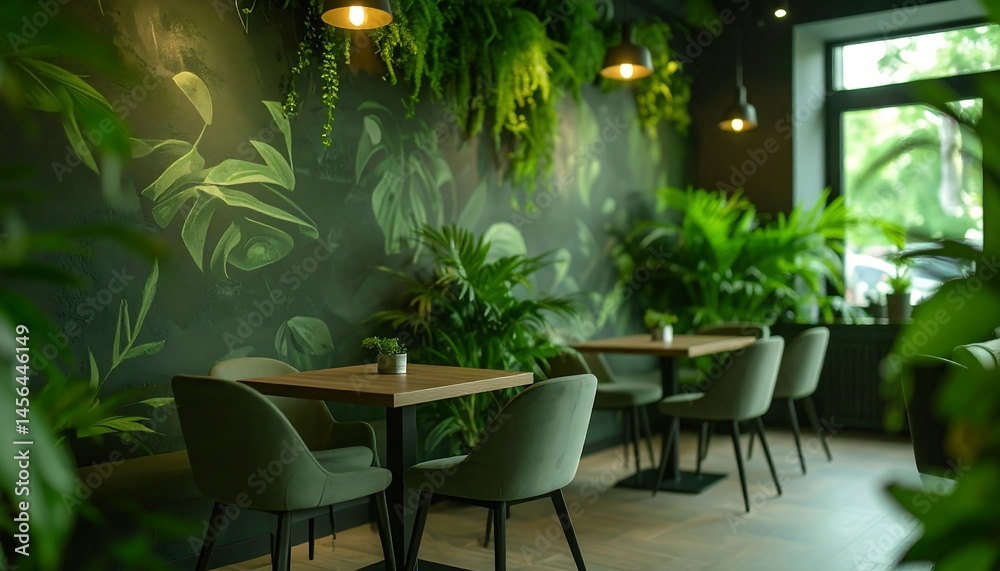Fototapeta premium Tranquil Green Restaurant Interior Lush Plants and Modern Furniture