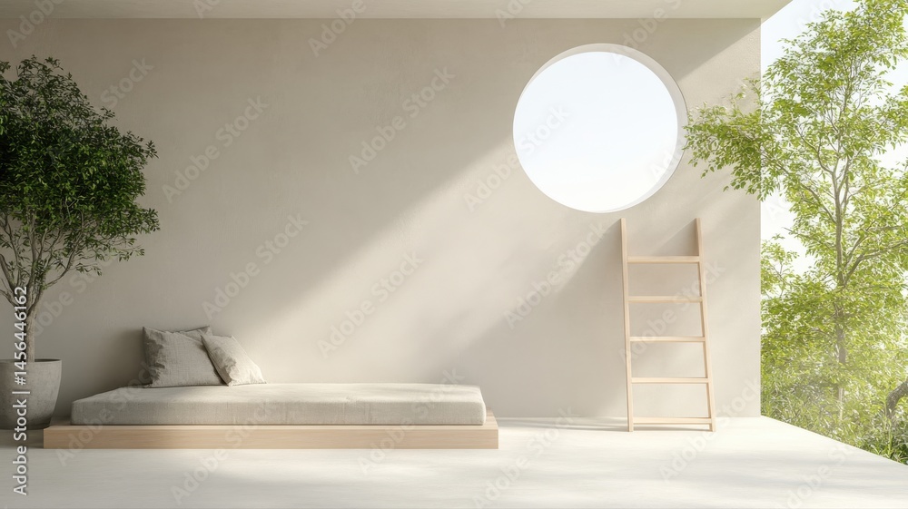 Fototapeta premium Minimalist Interior with Platform Bed, Circular Window & Green Tree architecture minimalist interior