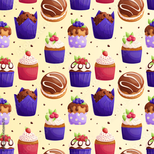 Seamless pattern with cupcakes and muffins. The concept of a pastry shop, bakery, and cooking. Vector illustration for the design of postcards, clothing, textiles, banners, posters