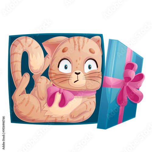 Cute little cat in a gift box. A charming animal with a bow around its neck. Isolated vector illustration for design, prints and patterns.