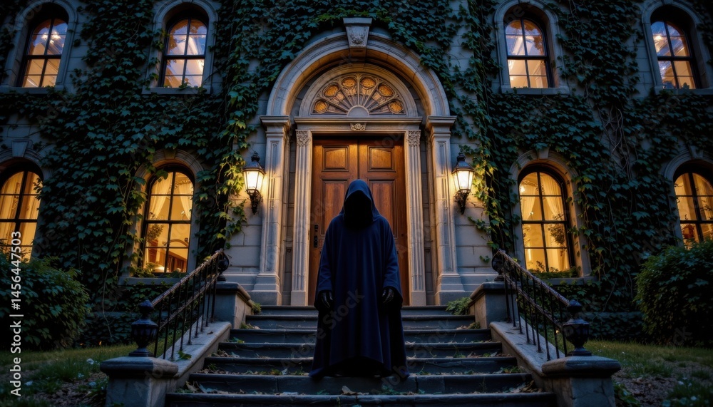 Obraz premium Mysterious figure approaching ancient mansion eerie nighttime scene dark atmosphere haunting concept