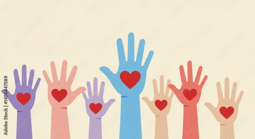 Fototapeta premium Colorful upraised hands expressing unity and solidarity for global awareness