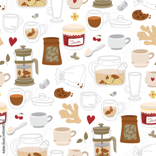 tea party time pattern is colored in the flat doodle style. Teapots, biscuits, jam, ginger, tea set. Ideal for use in tea packaging design, kitchen accessories, cafes, culinary blogs and restaurants.