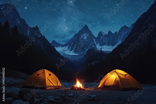 Two orange camping tents sit near a campfire at the base of majestic, snow-capped mountains under a starry night sky