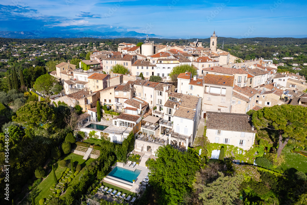 Fototapeta premium Aerial view above the Village of Mougins, France in the French Riviera at sunset