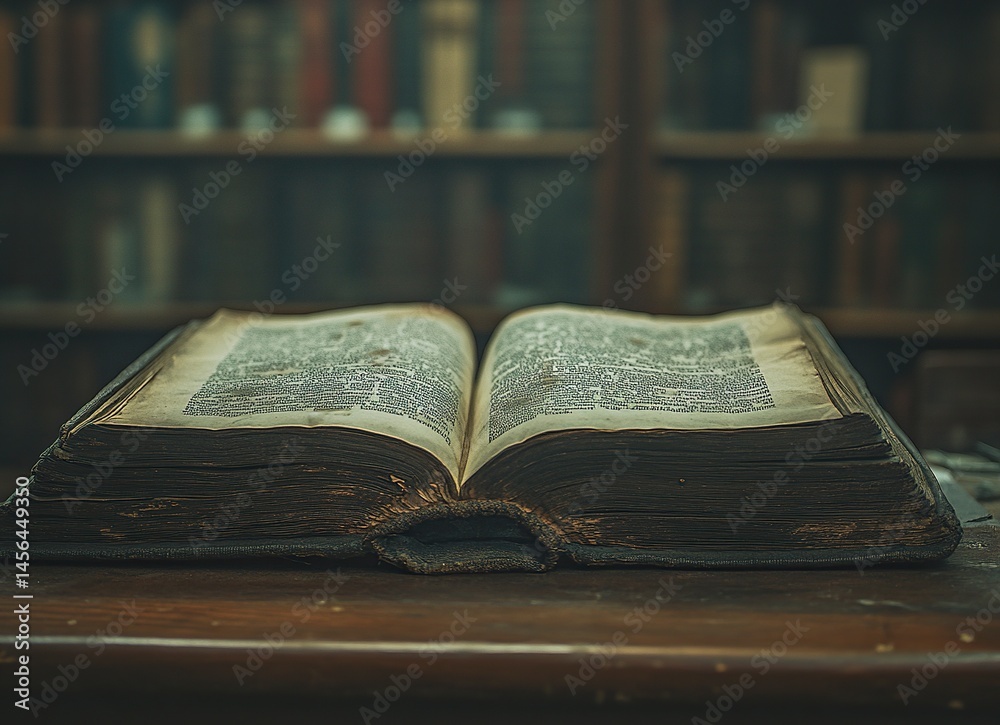 Obraz premium A book is open on the table, with many books in the blurred background. The pages of an old hardcover novel turn slightly, as if being turned by a finger and hand, creating an atmosphere of reading 