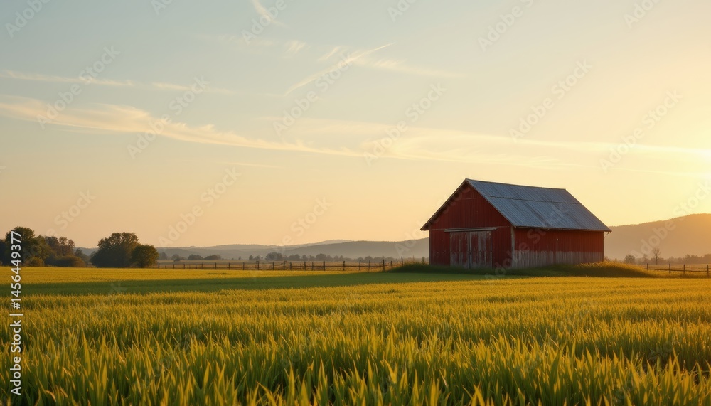 Red Barn in Golden Field at Sunset