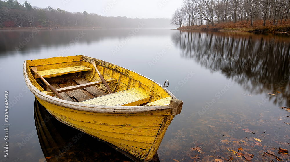 Obraz premium A serene autumn scene with a wooden rowboat on a tranquil lake