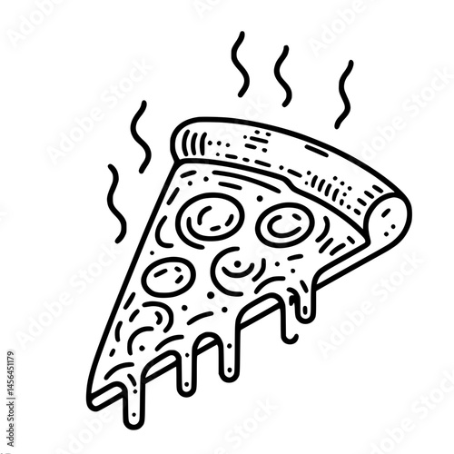 Delicious slice of pizza with steam and melted cheese outlined on white background, vector one line drawing