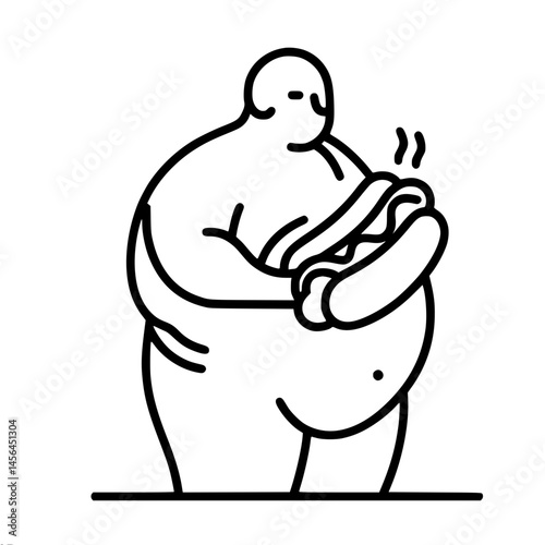 Very plump man with huge belly enjoying hot dog in simple line art style, vector one line outline