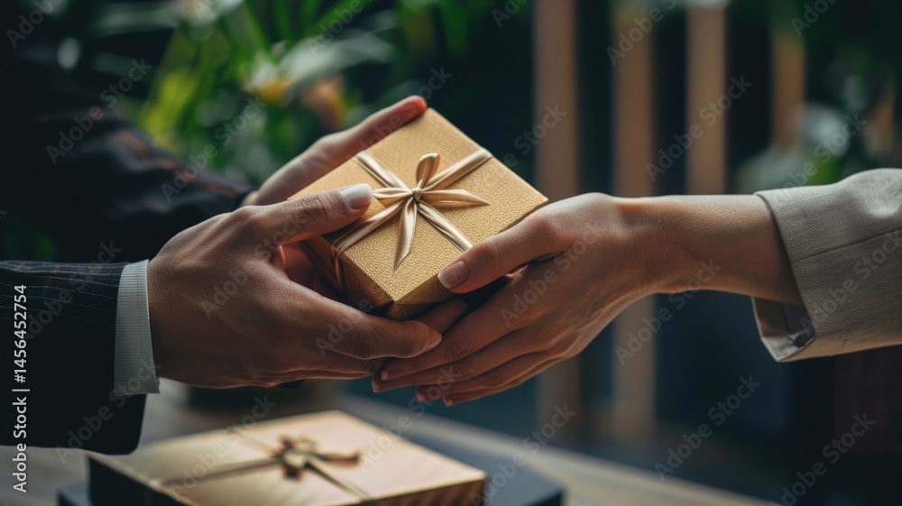 Obraz premium Group of businessman celebrate anniversary or holiday of company in restaurant. Senior manager give gift to employee for success in party. Business activity to increase friendship and teamwork. AIG53.