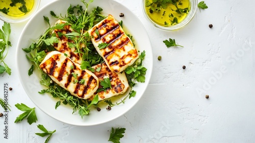 Greeces grilled halloumi cheese served fresh herbs and olive oil photographed from above on a clean white surface