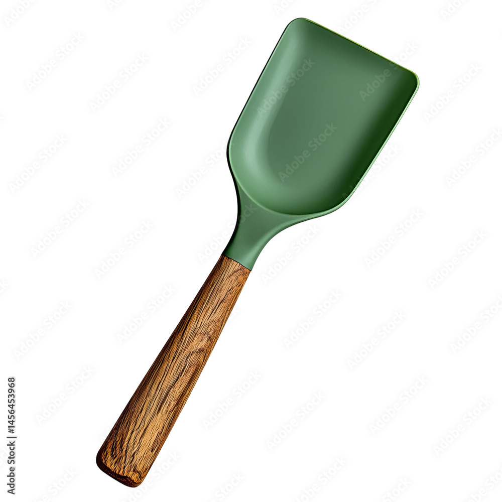A close-up shot of a green shovel with a wooden handle A close-up shot of a green shovel with a wooden handle