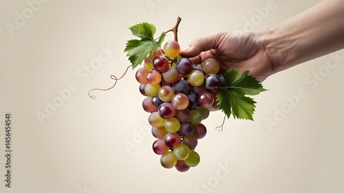 hand holding bunch of grapes white background, Ai generated image.