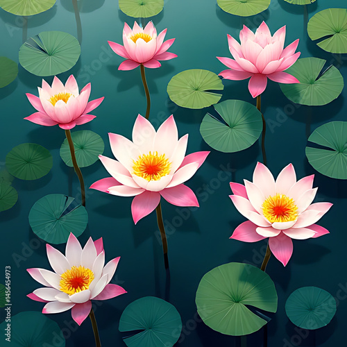 Cluster of lotus flowers and buds at various stages of bloom, arranged in a painterly composition with soft pastel water background, crisp and clear foreground, harmonious proportions