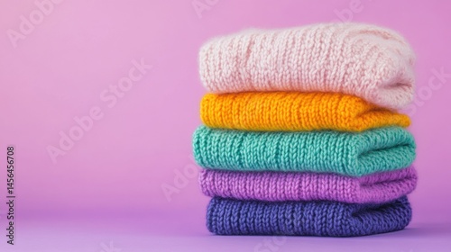 A vibrant stack of neatly folded knitted sweaters in various colors sits against a soft purple backdrop, showcasing warmth and texture