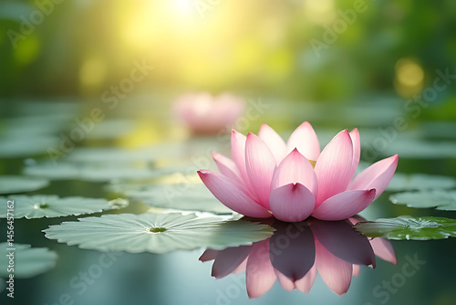 Serene lotus flowers gently floating on a tranquil pond, soft sunlight reflecting on the water surface, natural pastel tones 