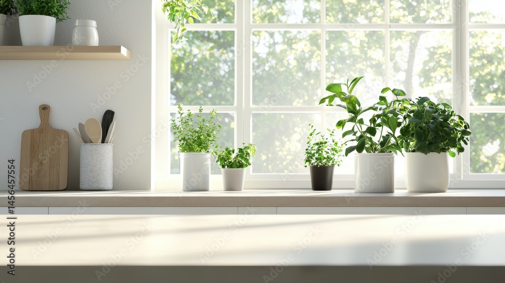 Fototapeta premium Bright Kitchen Window with Plants and Wooden Accents kitchen window plants bright wooden windowsill