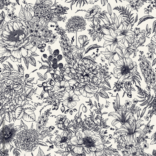 Wallpaper Mural Seamless floral pattern. Background with bouquets of flowers and berries in engraving style. Print with summer blossoms. Wallpaper with blooming garden. Beautiful print for fabrics Torontodigital.ca