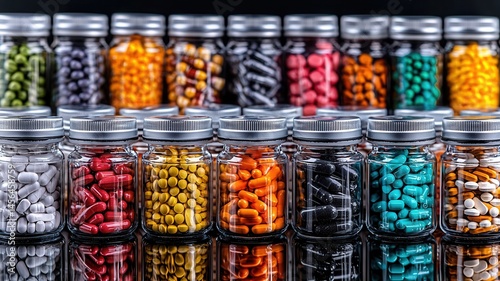 Wallpaper Mural Colorful pharmaceutical pills and capsules filling medical glass jars with silver lids, resting on reflective surface, showcasing clear diversity and precision Torontodigital.ca