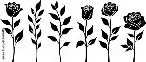 set a Rose silhouettes vector illustration stems of roses on white background
