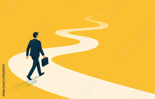 Character businessman follows the path of new opportunities and discoveries. Business route of success. Vector illustration.