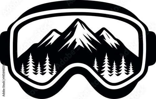 Ski Goggles with Mountain Reflection vector black silhouette cricut print design isolated on a plain white background