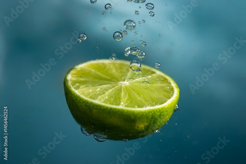 Fresh Lime Slice Bubbles in Water Against Blue Background  