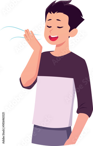 Woman standing makes calm breathing exercise, breathe out, holding chest and eyes closed vector illustration side view