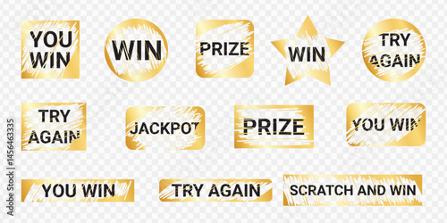 Scratch card prize phrases bundle - hand lettered golden foil vintage labels. Lottery promotion slogans damaged halftone elements. Engaging leisure activity old stained symbols.