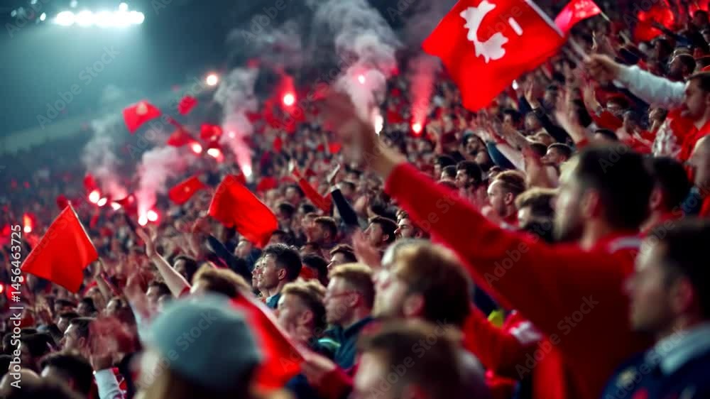 Football fans supporting and cheering for their teams in the stadium on night